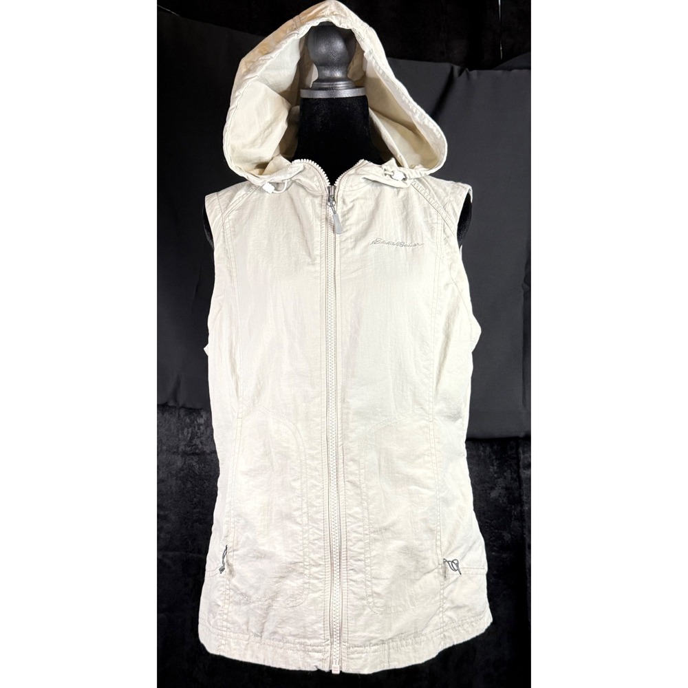 Eddie Bauer Womens M Beige Hooded Full Zip Nylon Vest Mesh Lined Lightweight